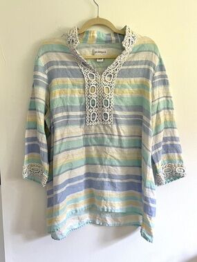 Peck&Peck Pastel Striped Linen Tunic Crochet Lace Trim Beach Coastal Grandma XL